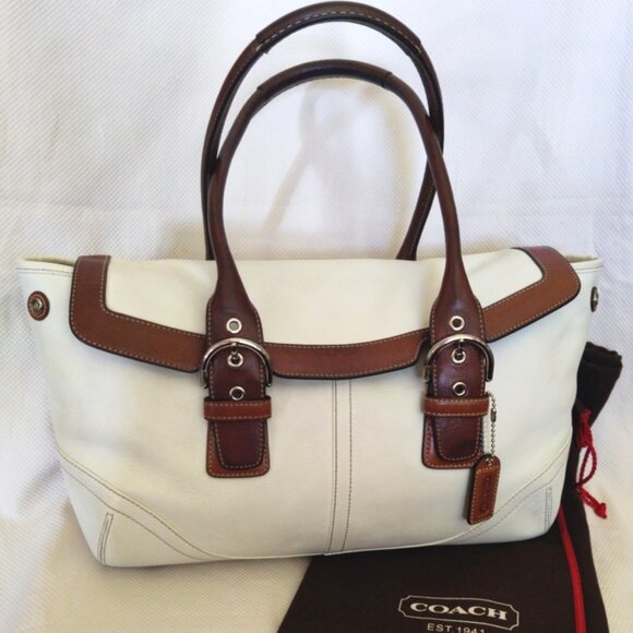 Coach Vintage Soho Leather Flap East/West Satchel in White & Saddle, EUC - Picture 1 of 16